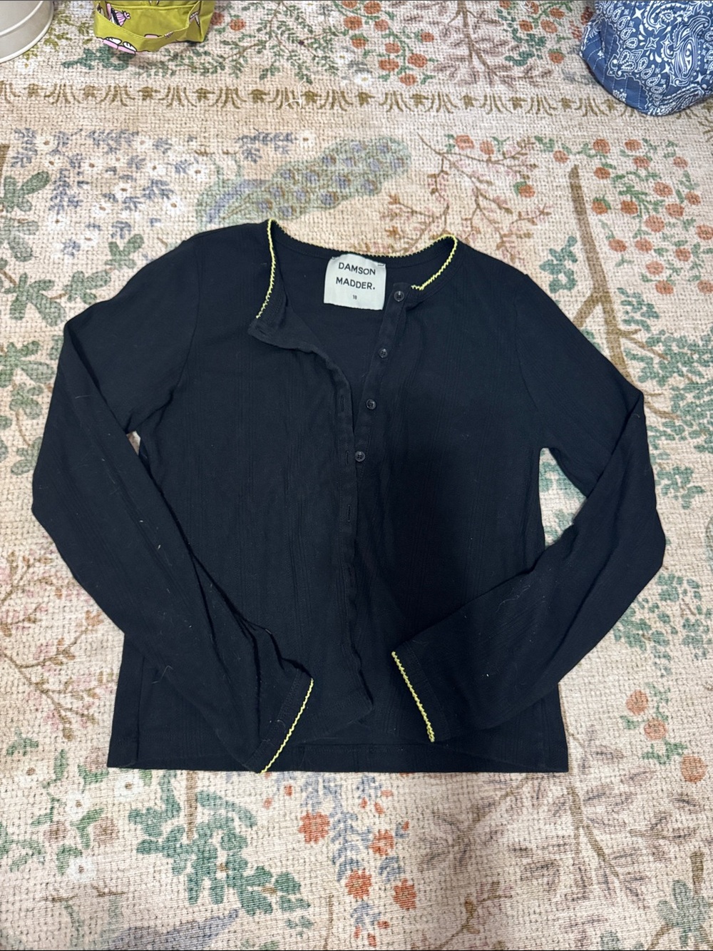 Damson Madder Black Long-Sleeve Cardigan with Yellow Trim